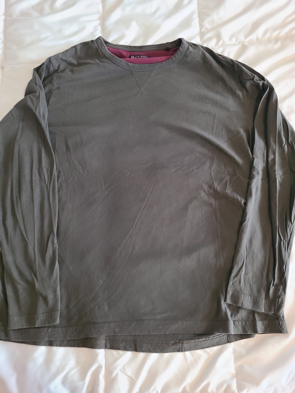 Brave Soul Men’s Long Sleeve Crewneck Shirt - Charcoal with Burgundy Neck Trim